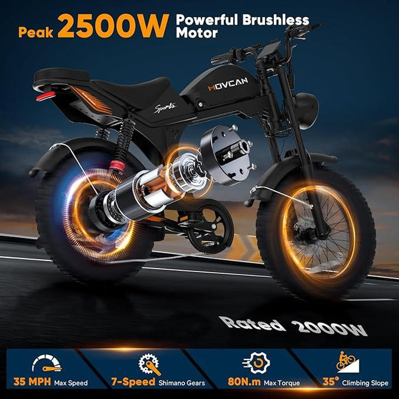 V70 Electric Bike, Electric Motorcycle with 52V 23.4Ah Removable Battery 20” Fat Tire Dirt Bike, 2000W Motor 35 MPH Top Speed E Bikes, 7 Speed Dual Hydraulic Brake Electric Bikes for Adults